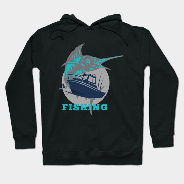 marlin fishing and boat teal Hoodie by lmdesignco